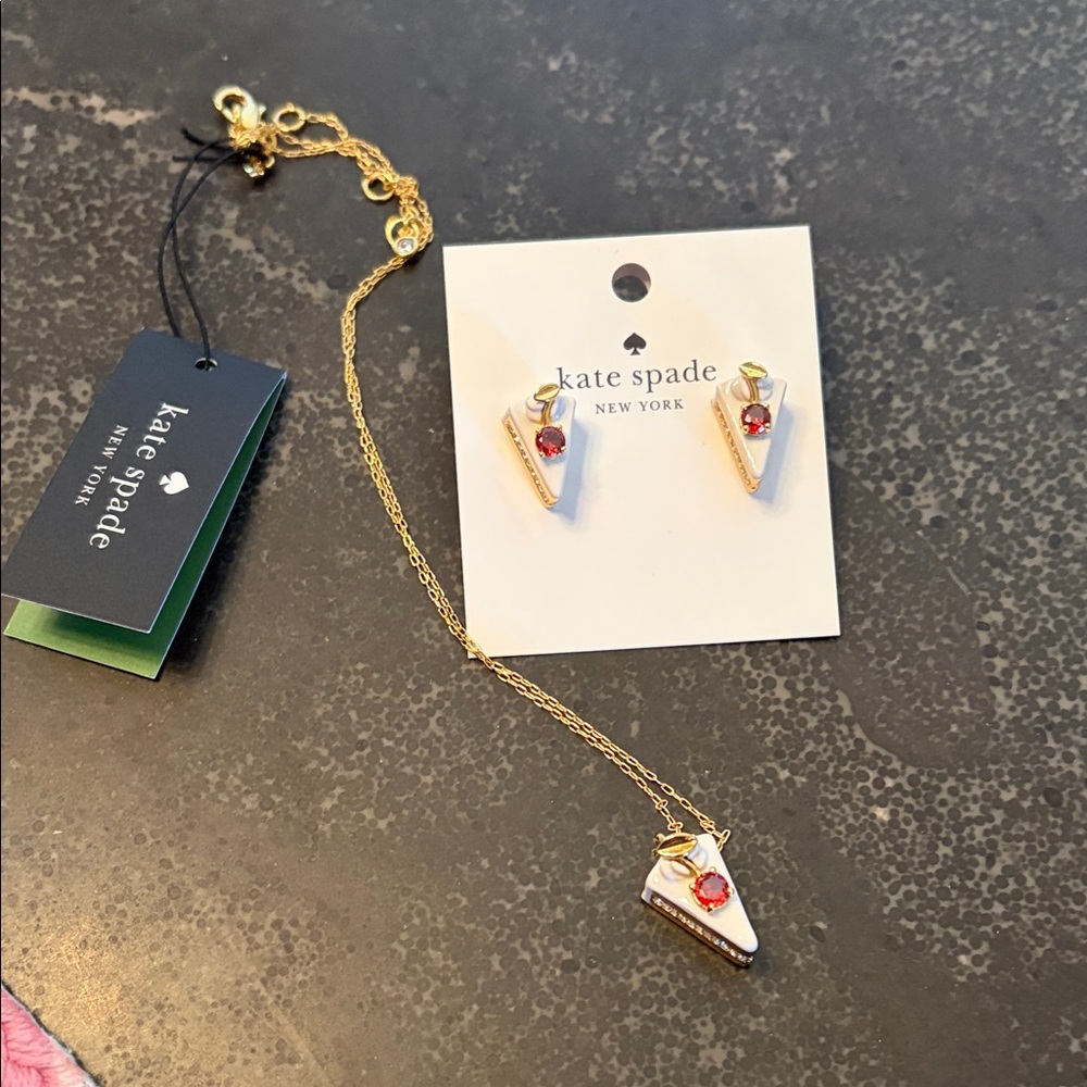 NWT Kate Spade Pastry Shop Slice of Cale Gold and Red Earrings and Necklace